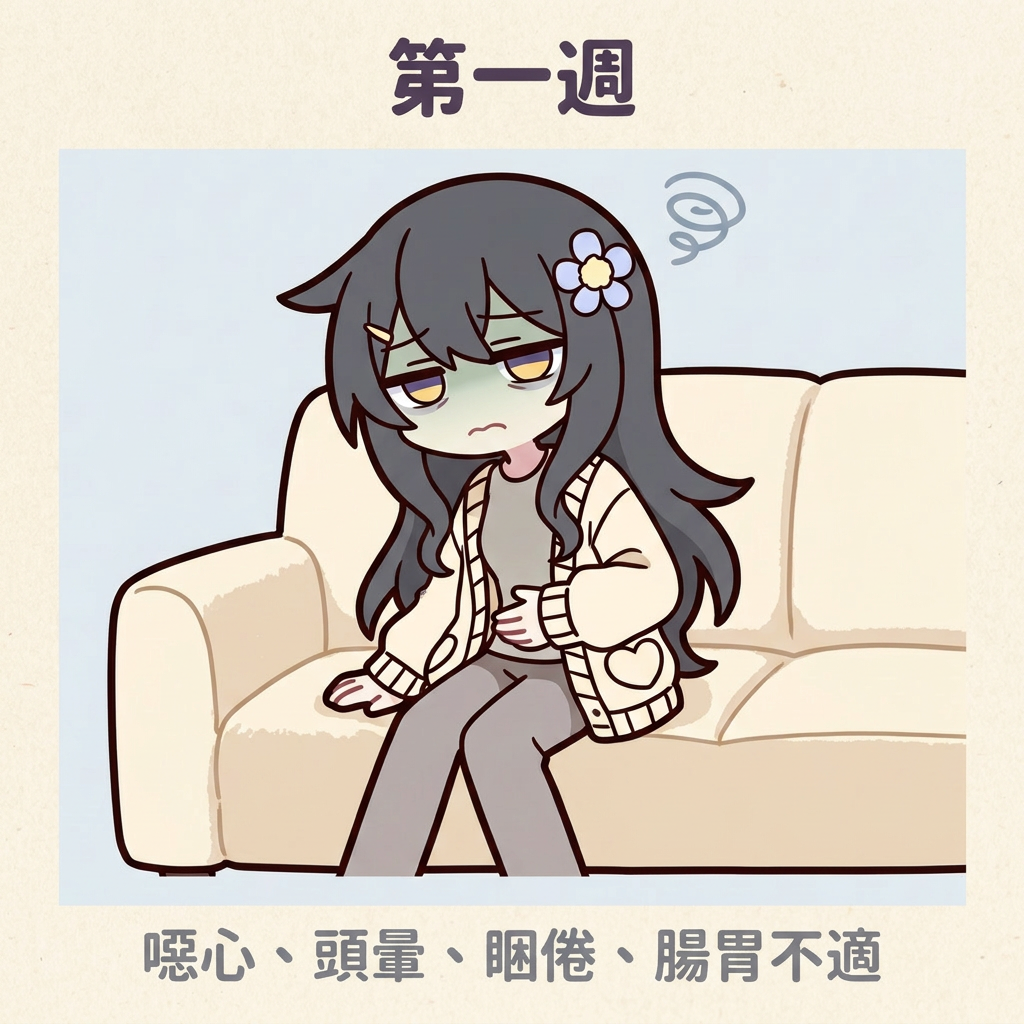 第一週：噁心、頭暈、睏倦、腸胃不適
