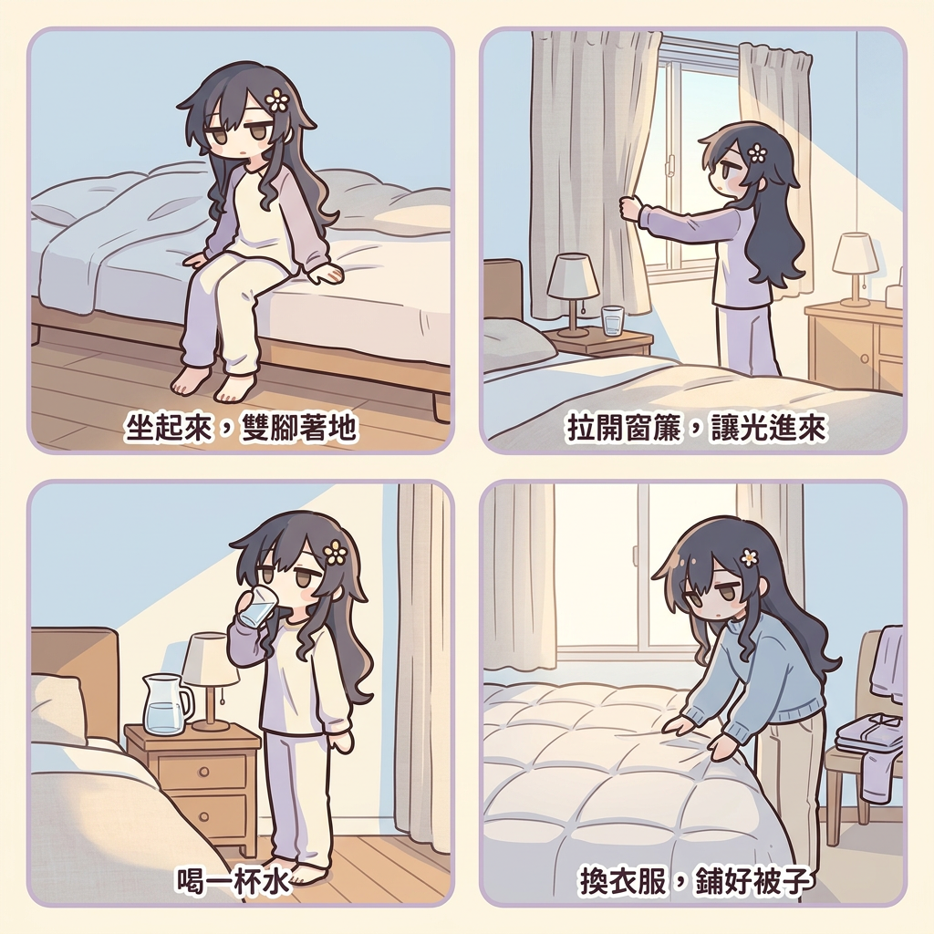 早上的四個小行動：坐起來雙腳著地、拉開窗簾、喝一杯水、換衣服鋪好被子