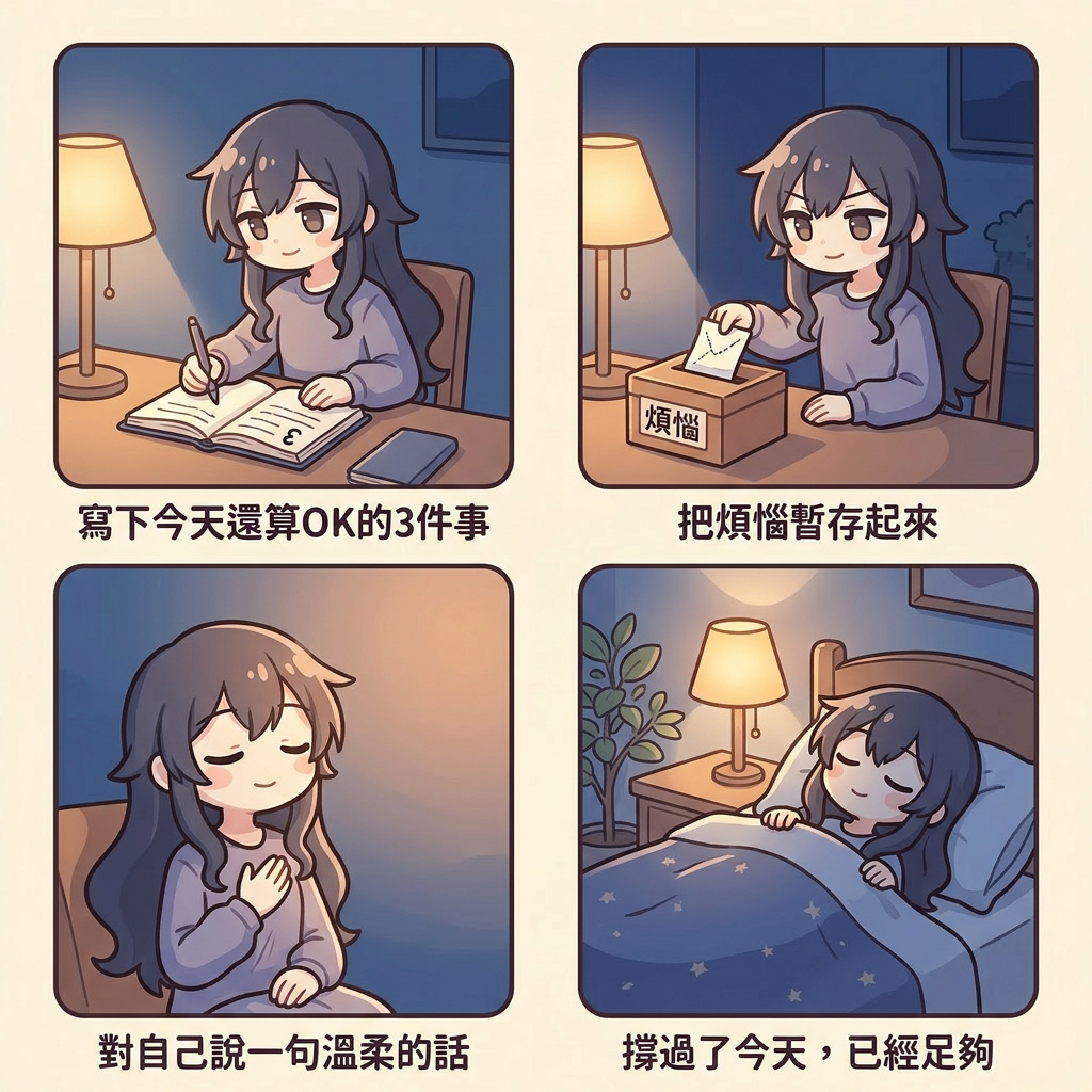 夜晚的四個小行動：寫下今天還算OK的三件事、把煩惱暫存起來、對自己說溫柔的話、撐過了今天已經足夠